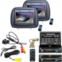 Vehicle Monitor Receiver and Front/Rear View Camera Package - PLTS78DUB 7'' Single DIN In-Dash Detachable Motorized Touch Screen TFT/LCD Monitor w/ DVD/CD/MP3/MP4/USB/SD/AM-FM Radio Player Bluetooth Receiver - PL71PHB Adjustable Headrest Pair with Built-i