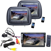 Vehicle Headrest Monitor Receiver and Front/Rear View Camera Package - PLD71MU 7'' TFT Motorized Touch Screen DVD/CD/MP3/CD-R/USB/SD/AM/FM/RDS Radio Player Receiver - PL71PHB Adjustable Headrest Pair with Built-in 7'' TFT-LCD Monitors (Black) (Pair) - PLC