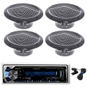 New Kenwood KMR-M312BT Bluetooth MP3 Marine Boat Yacht Bike AUX USB iPod iPhone Input Radio Player Stereo Receiver, And 4 X 6.5 Inch Black QPower Marine Audio Speakers System - Great Marine Outdoor Stereo Package